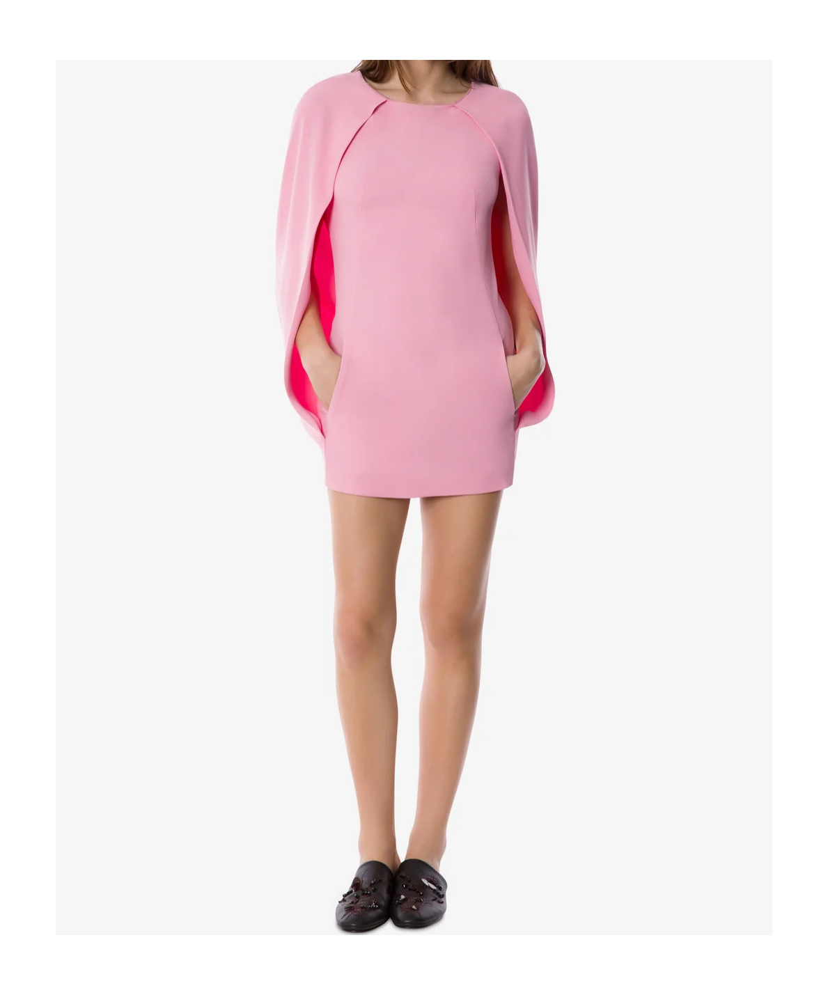 Alberta Ferretti Women Pink Crew Neck Dress With Cap Sleeves And Draped Shoulders In Fabric Woman In Pink