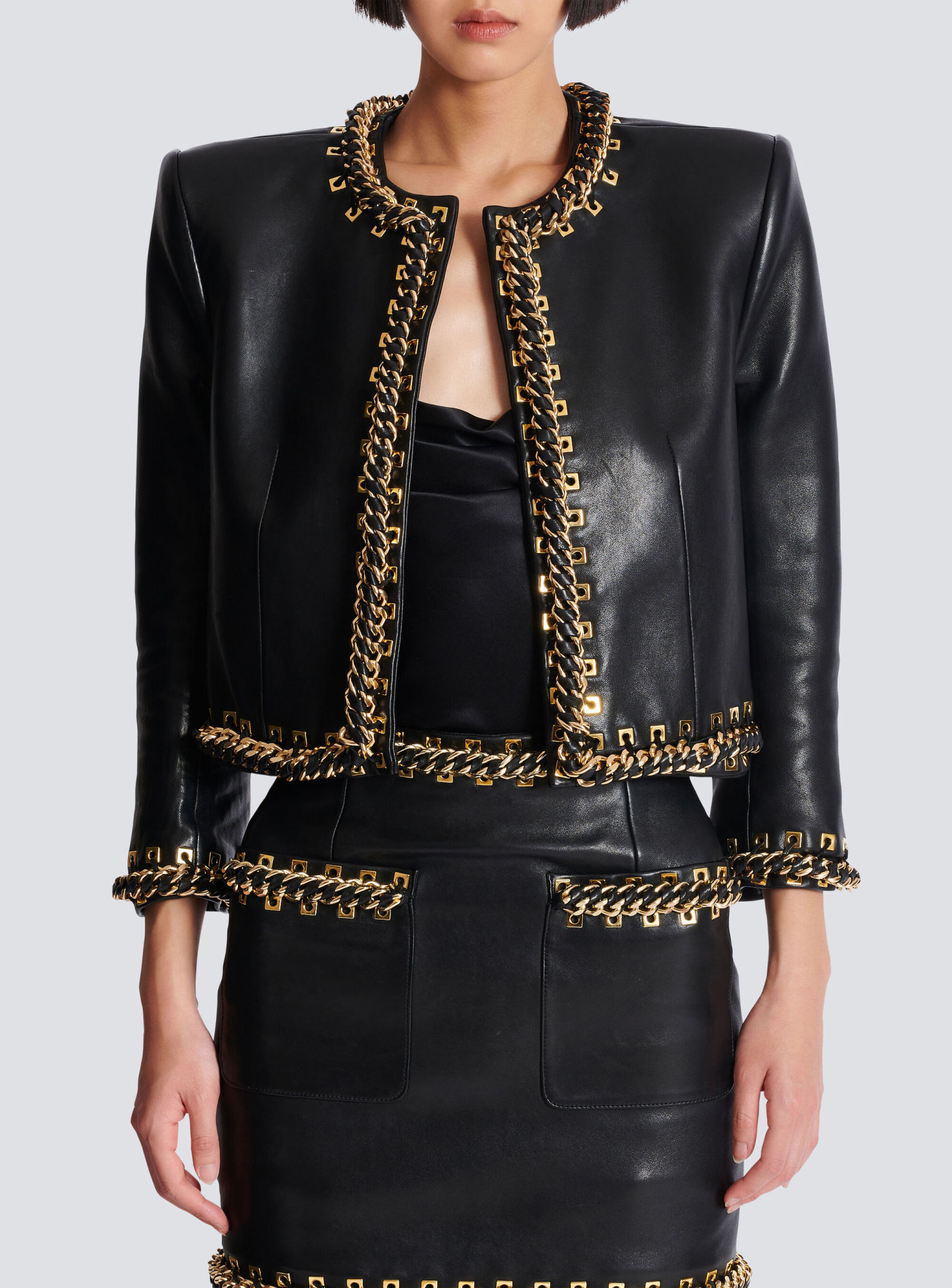 Balmain Lambskin Edge-to-edge Jacket With Chain Trim In Black