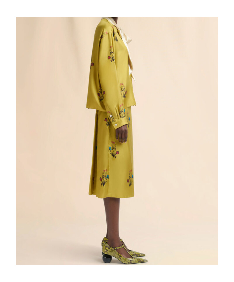Marni Tulip Print Pleated Silk Twill Midi Skirt In Yellow