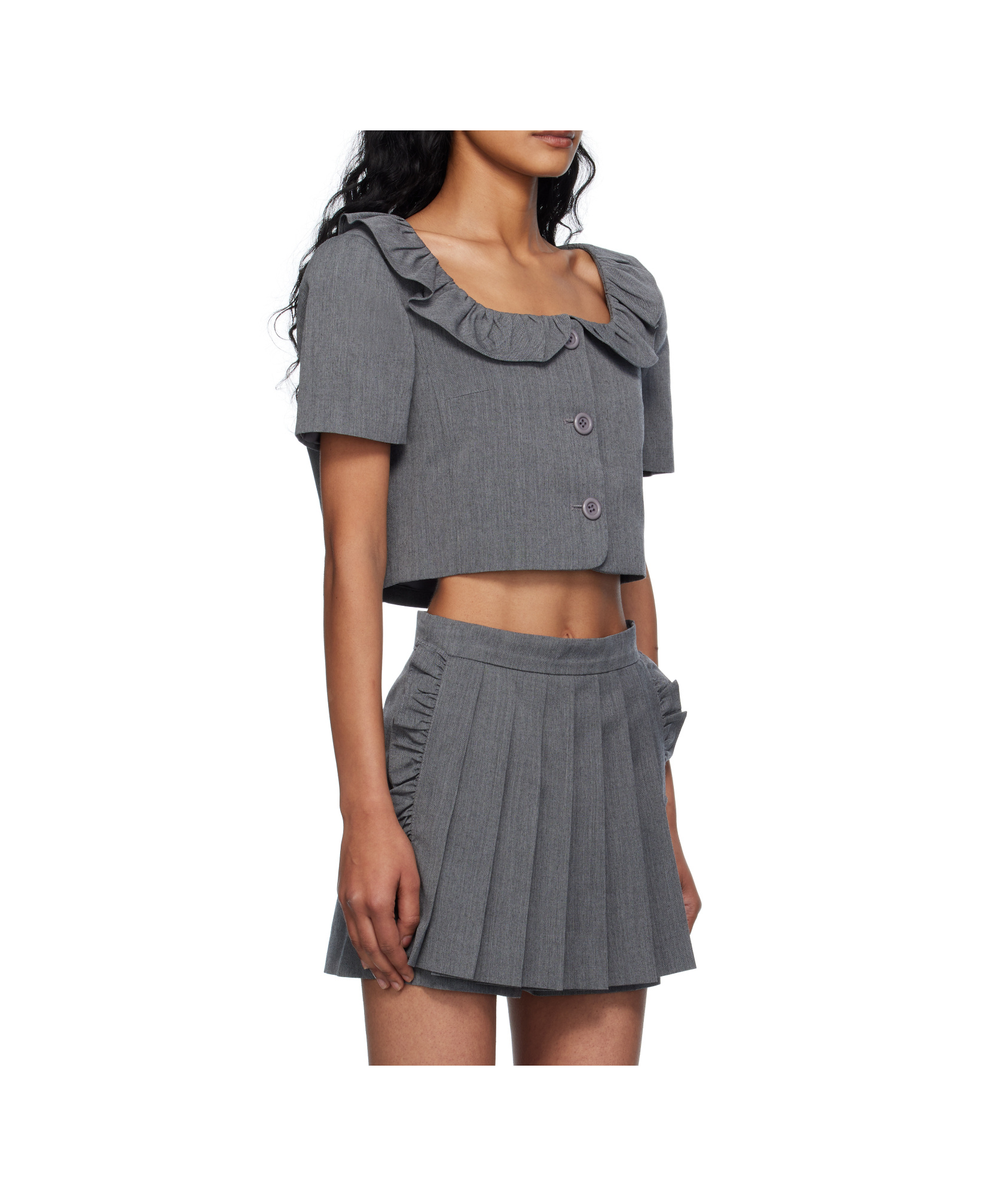 Pushbutton Ruffled Collar Cropped Top In Gray