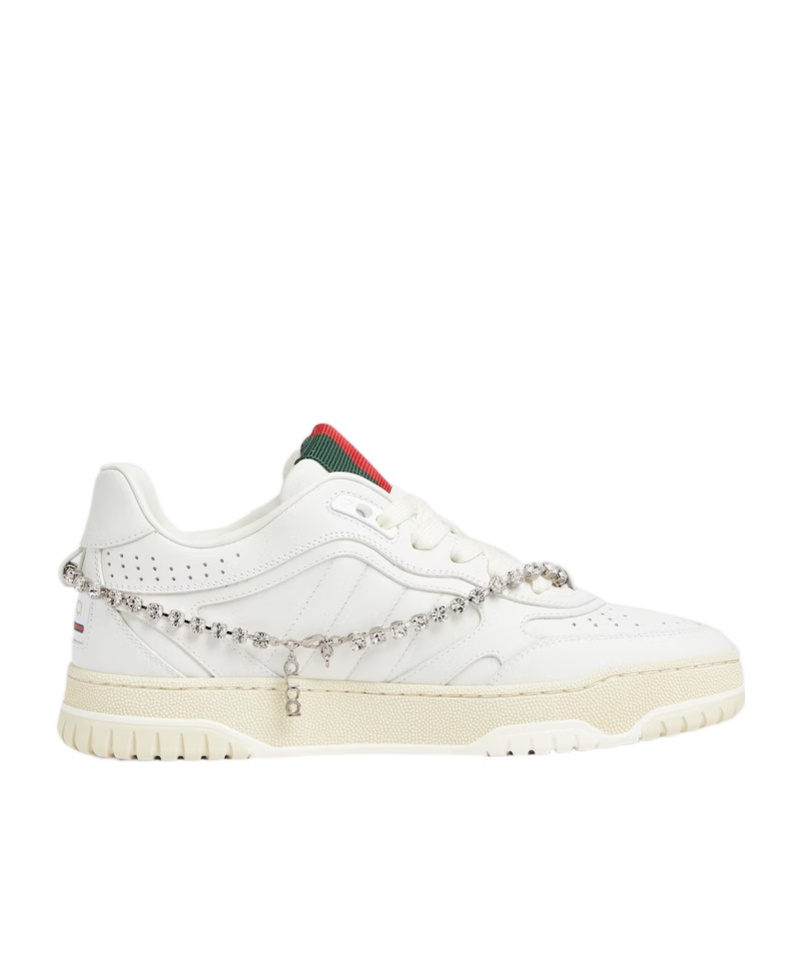 Gucci Re-web Grosgrain-trimmed Crystal-embellished Leather Sneakers In White