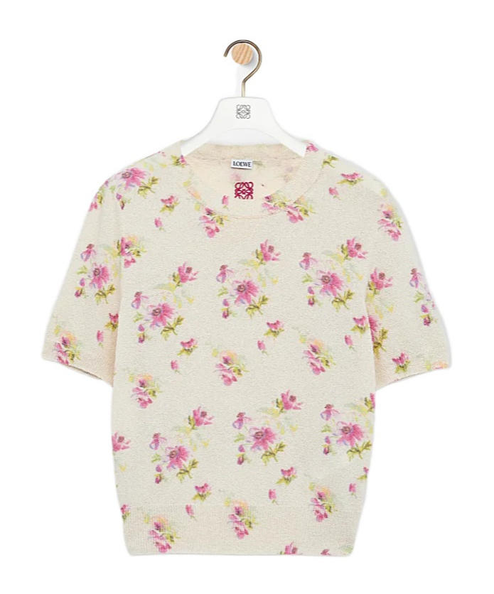 Loewe Cotton-blend Floral Print Short Sleeve Sweater In Neutral
