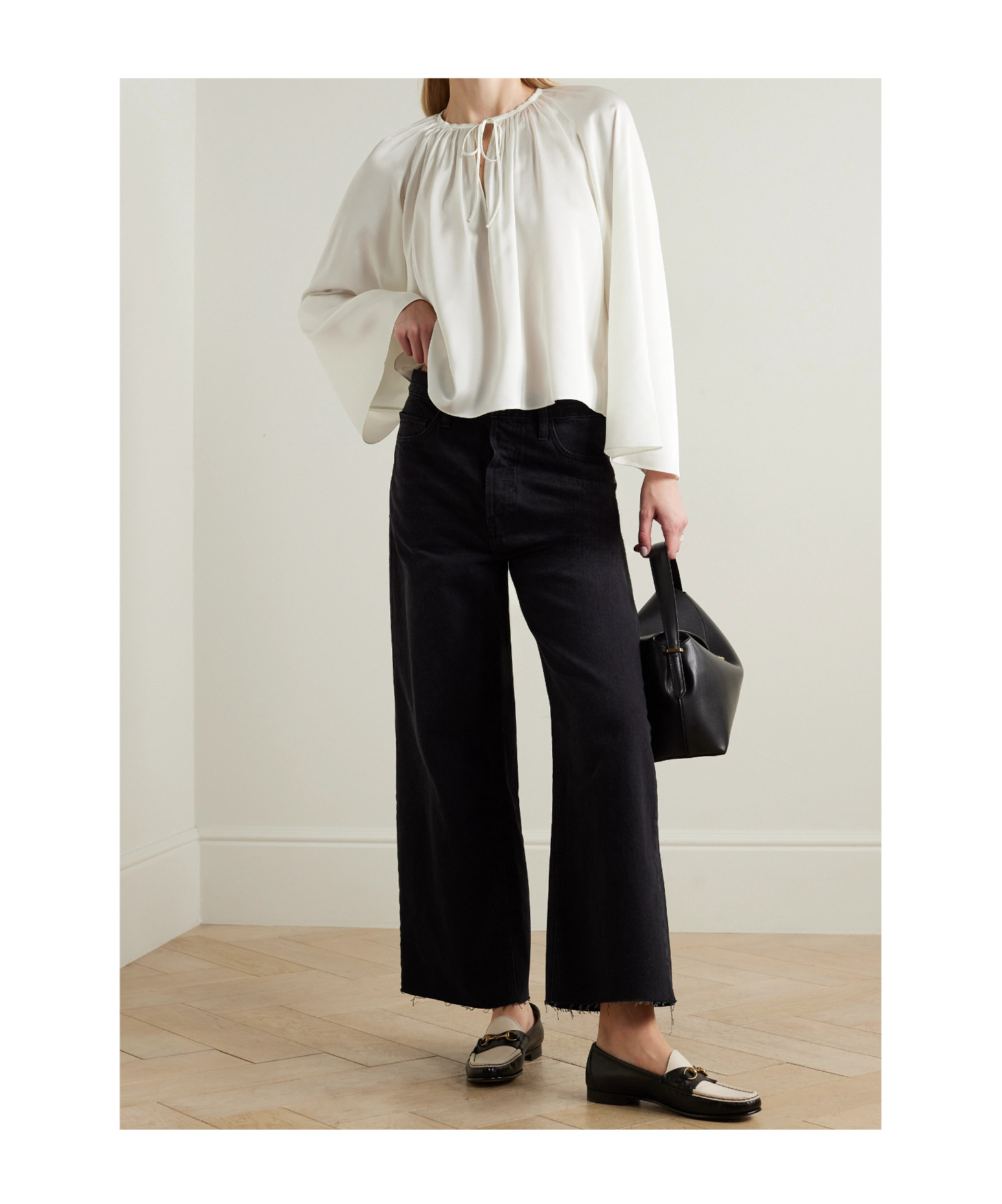 Frame Strap Pleated Blouse In White