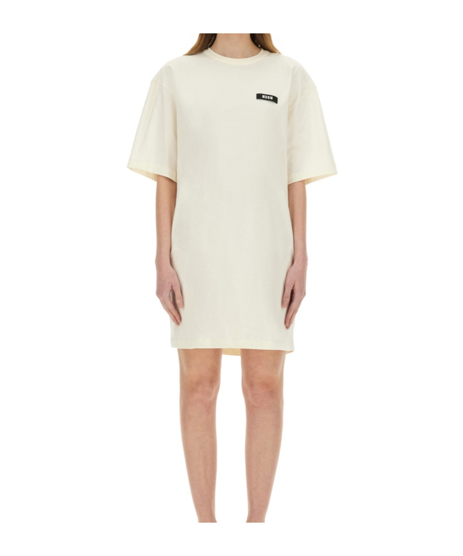 Msgm Logo Patch Drawstring Dress In White
