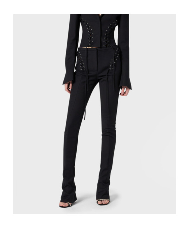 Blumarine Stretch Cotton Pants With Eyelets And Straps In Black
