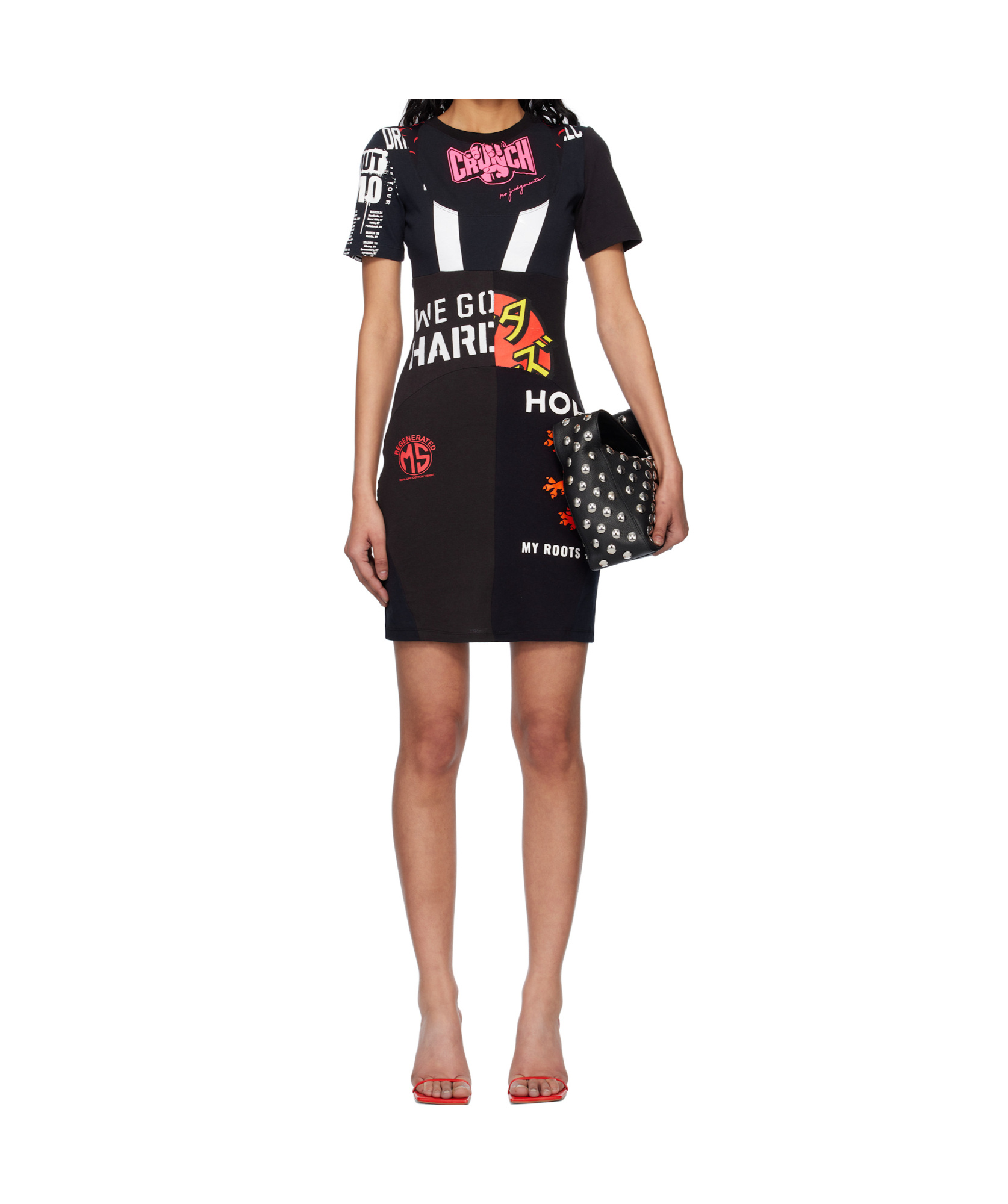 Marine Serre Black Upcycled Graphic T-shirts Minidress In Black