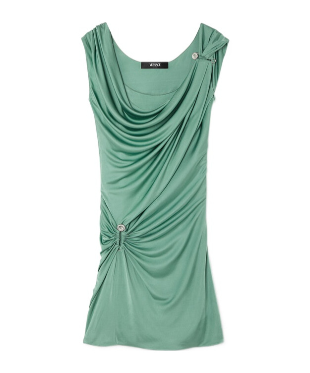 Versace Green Safety Pin Draped Minidress In Green