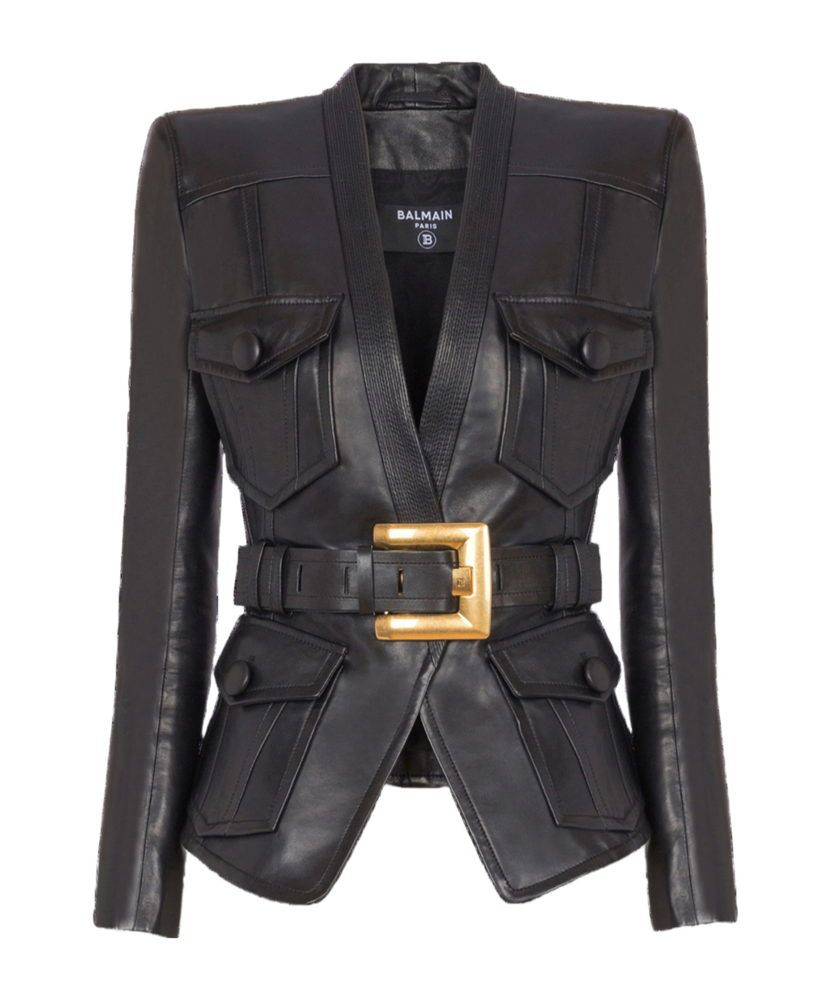 Balmain Belted 4 Pokets Fitted Lambskin Jacket Clothing In Black