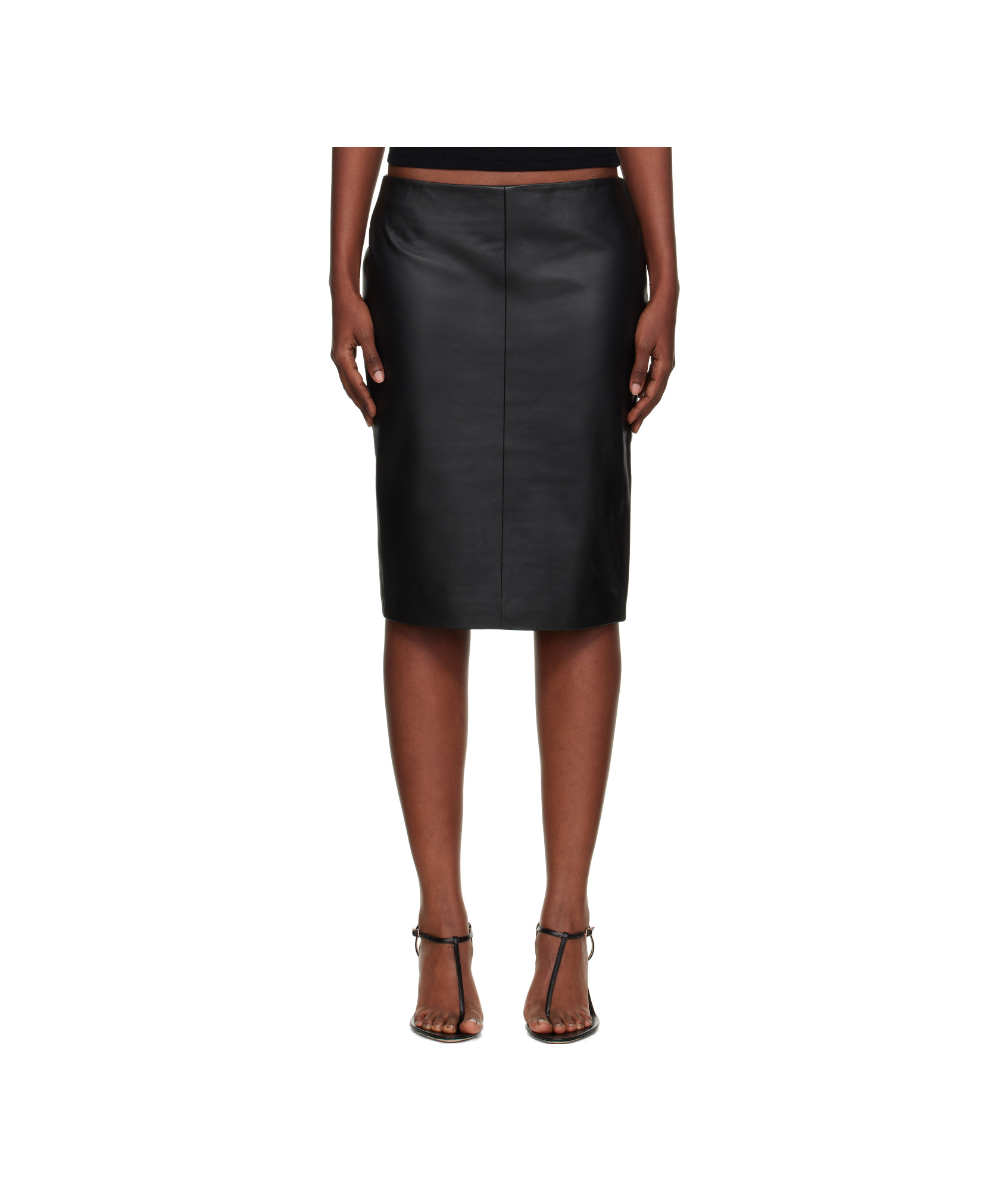 St Agni Black Pencil Leather Midi Skirt In Black