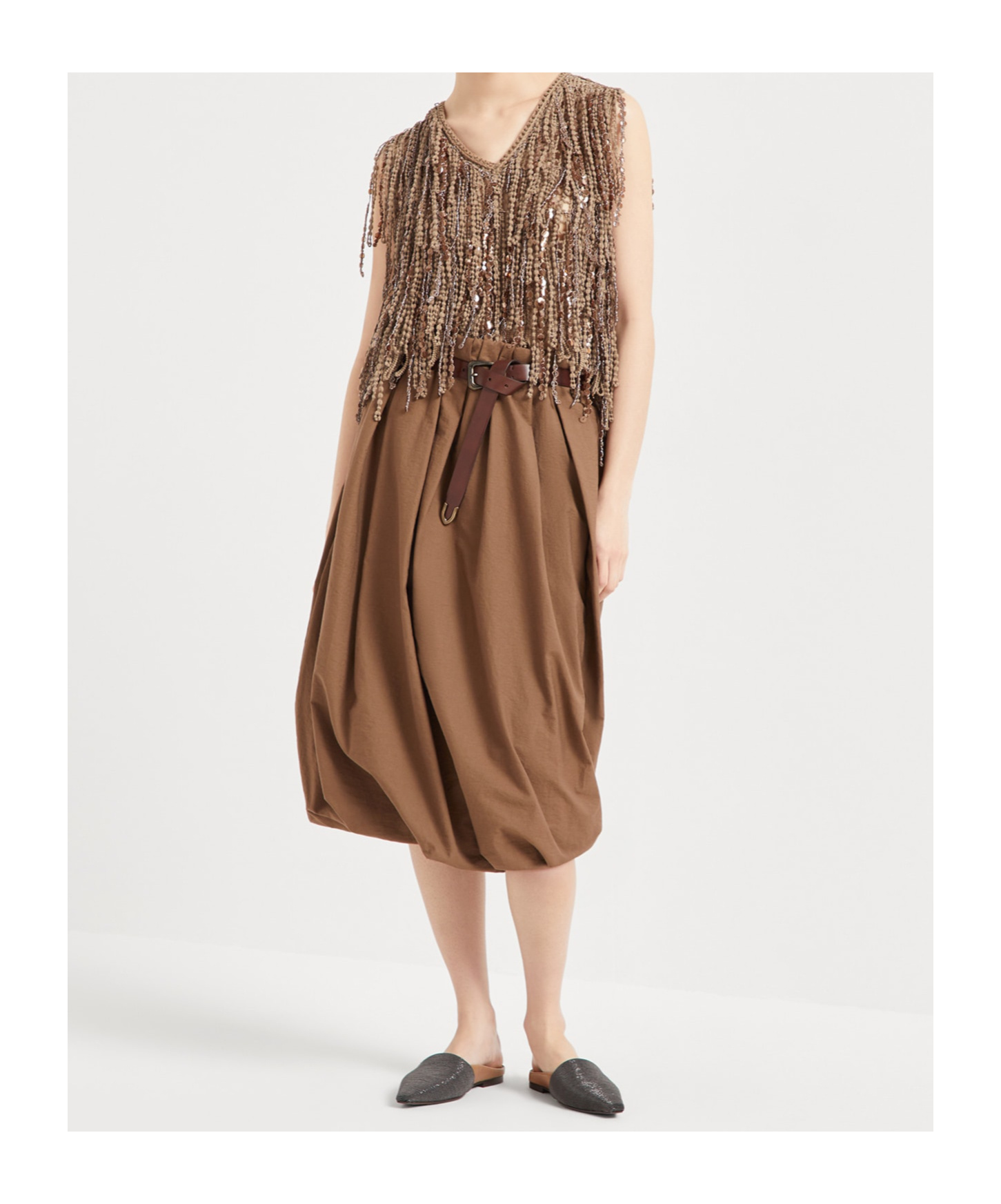 Brunello Cucinelli Cotton Blend Pleated Midi Skirt With Elastic Waistband In Brown