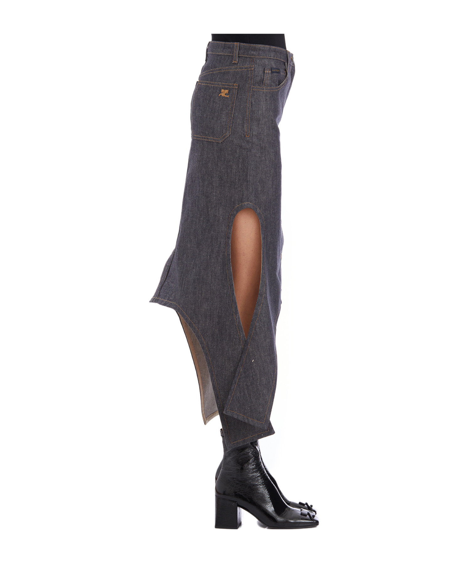 Courrèges Gray Reversed Denim Midi Skirt In Black