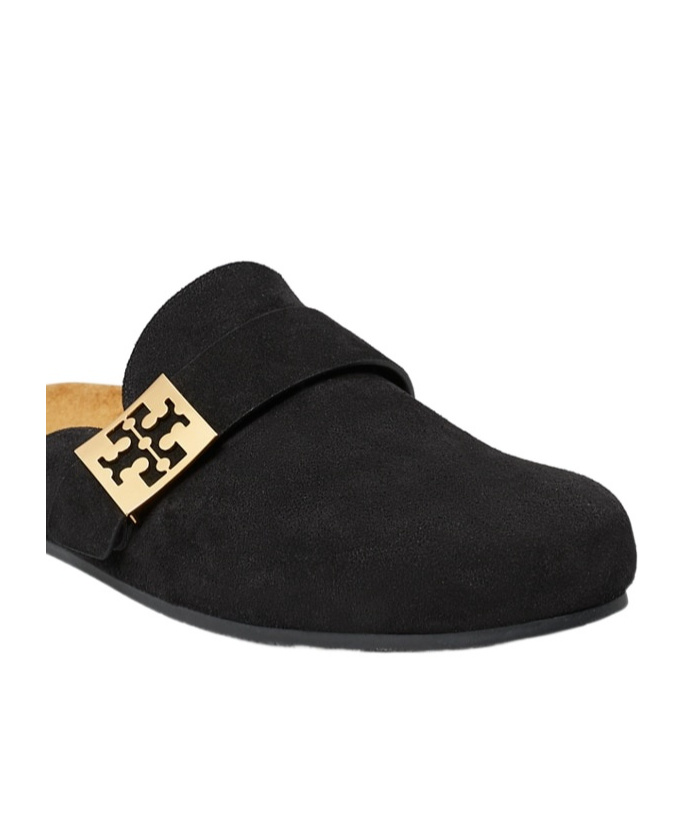 Tory Burch Mellow Suede Buckle Slide Mules In Black