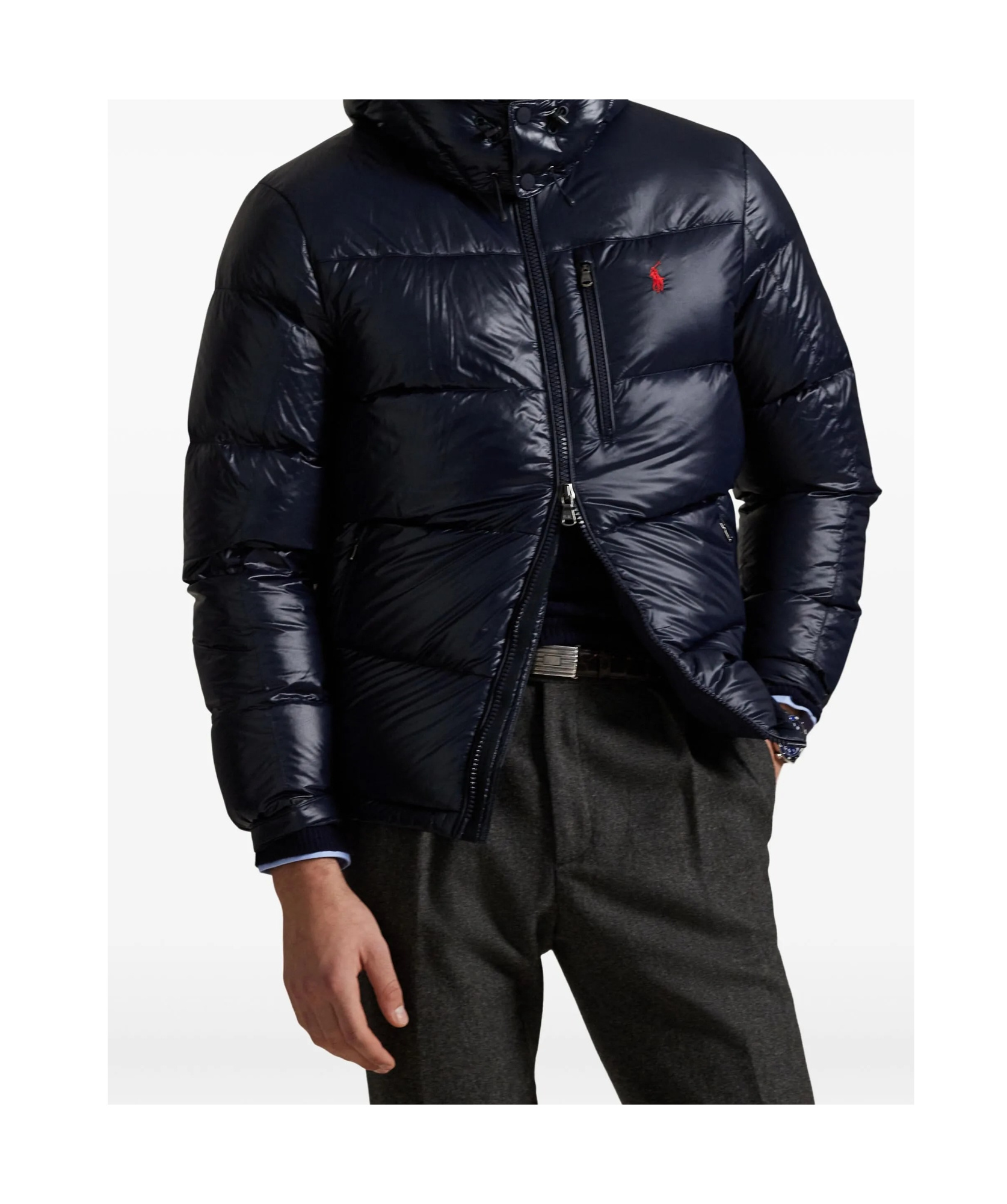 Polo Ralph Lauren Black Down Jacket With Patent Effect And Embroidered Pony Logo On Chest In Tech Fabric Man In Blue