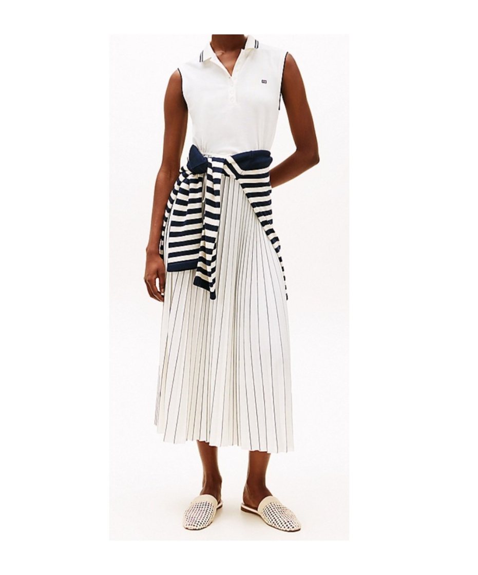 Tommy Hilfiger Pleated Sleeveless Maxi Polo Dress In White