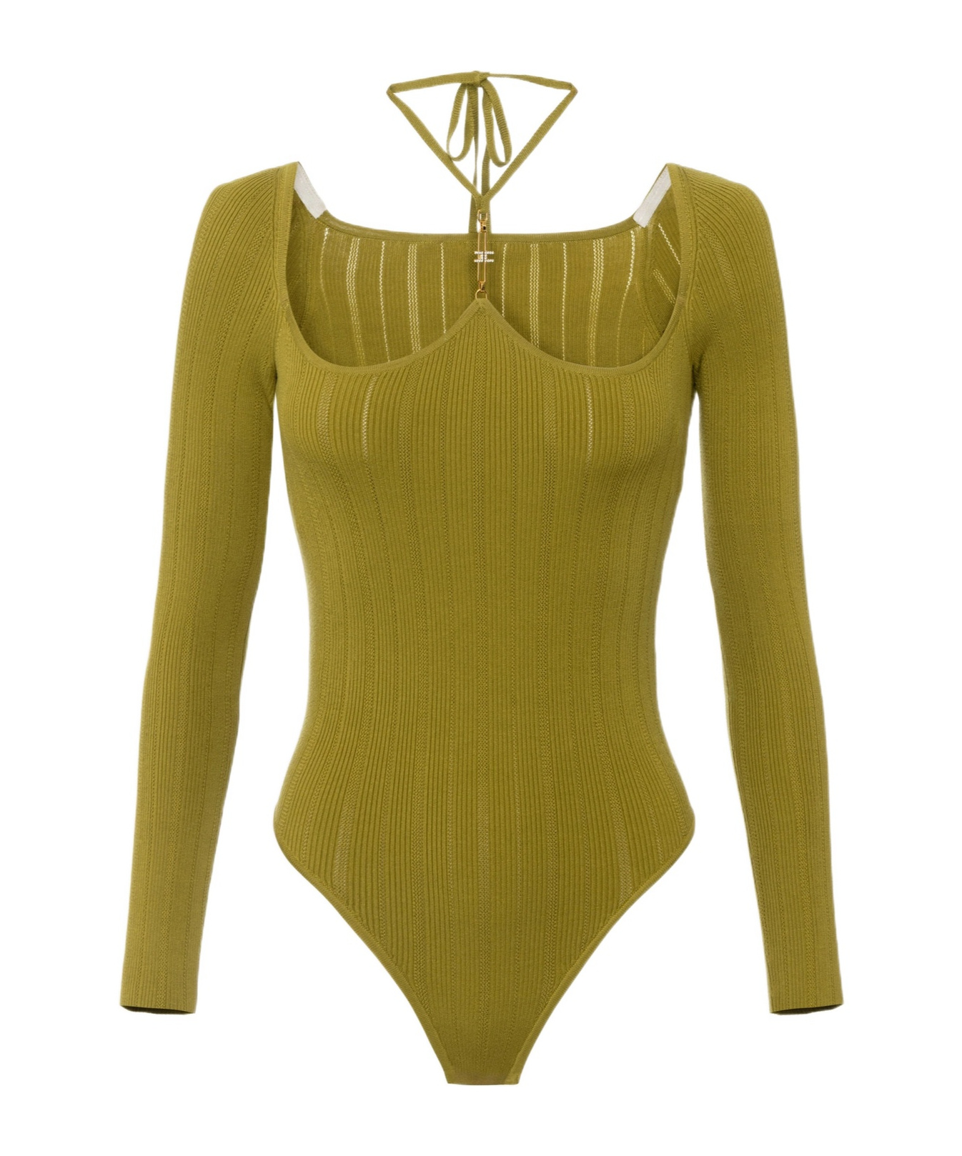 Elisabetta Franchi Bodysuit In Ribbed Knit Fabric With Openwork Details In Green