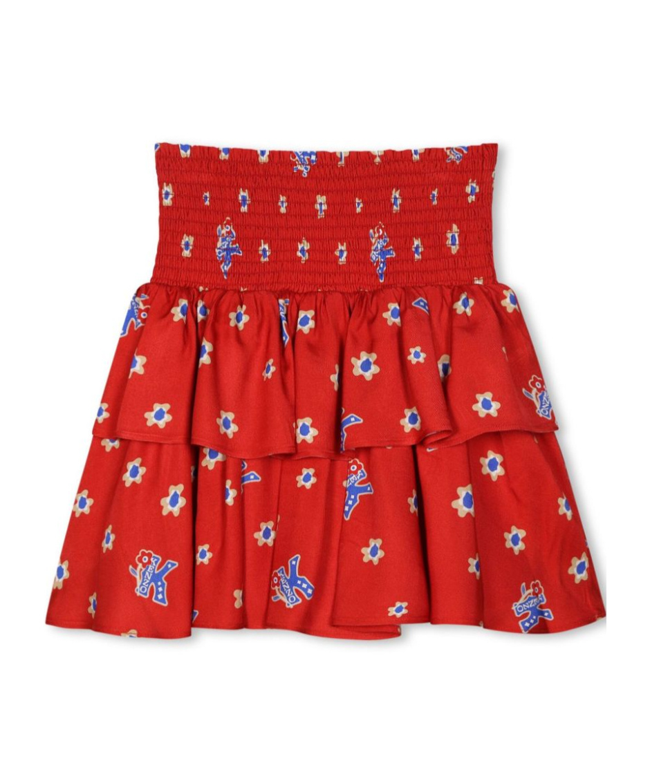 Kenzo Flounced All-over Print Skirt In Red