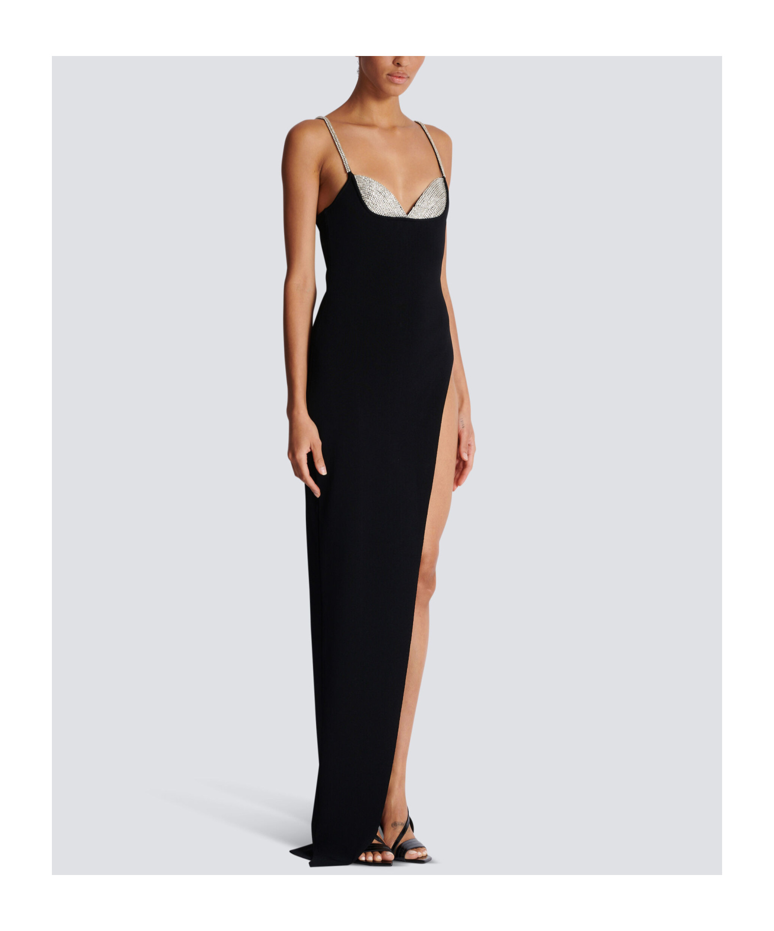 Balmain Long Embroidered Knit Dress With Leg Slit In Black