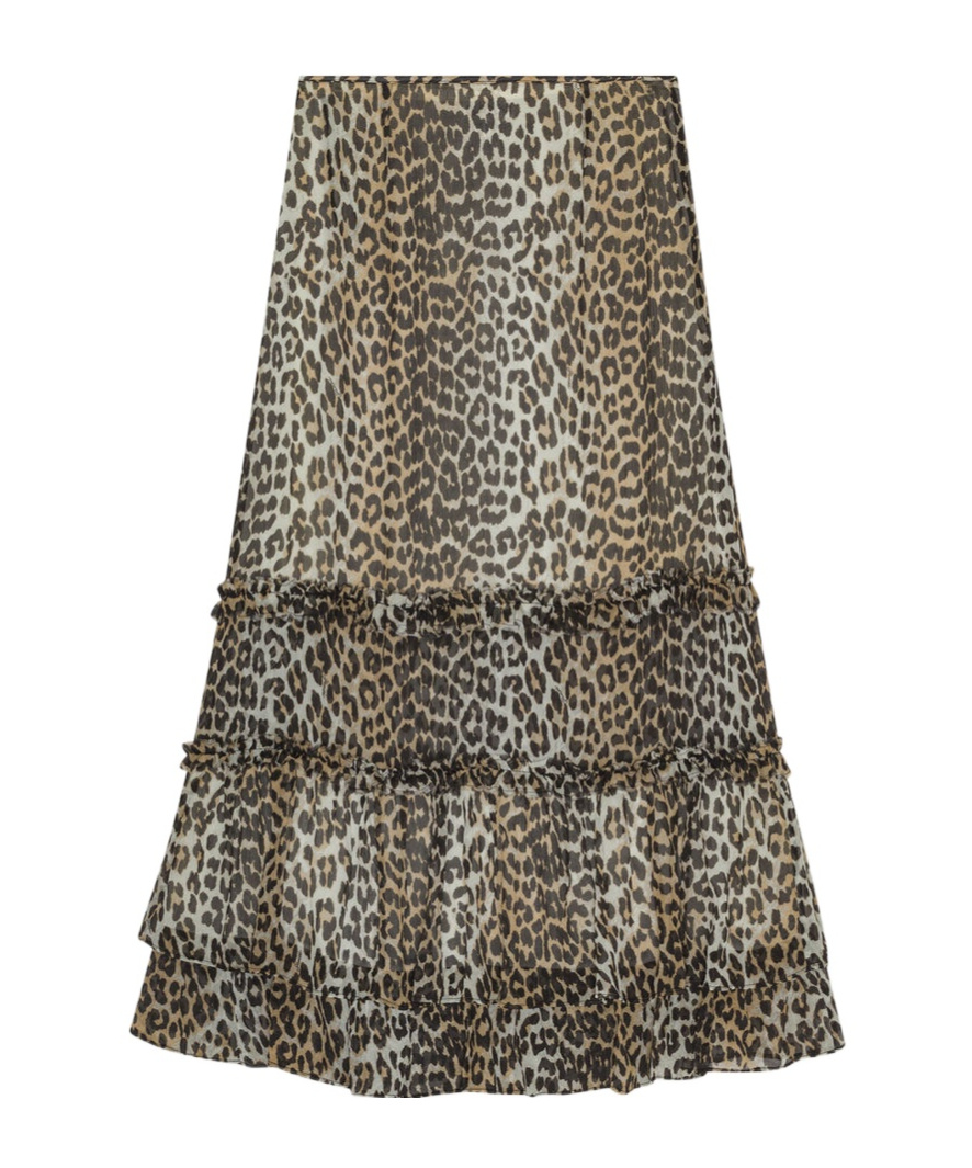 Ganni Animal Print Flared Layered Leopard Skirt In Brown