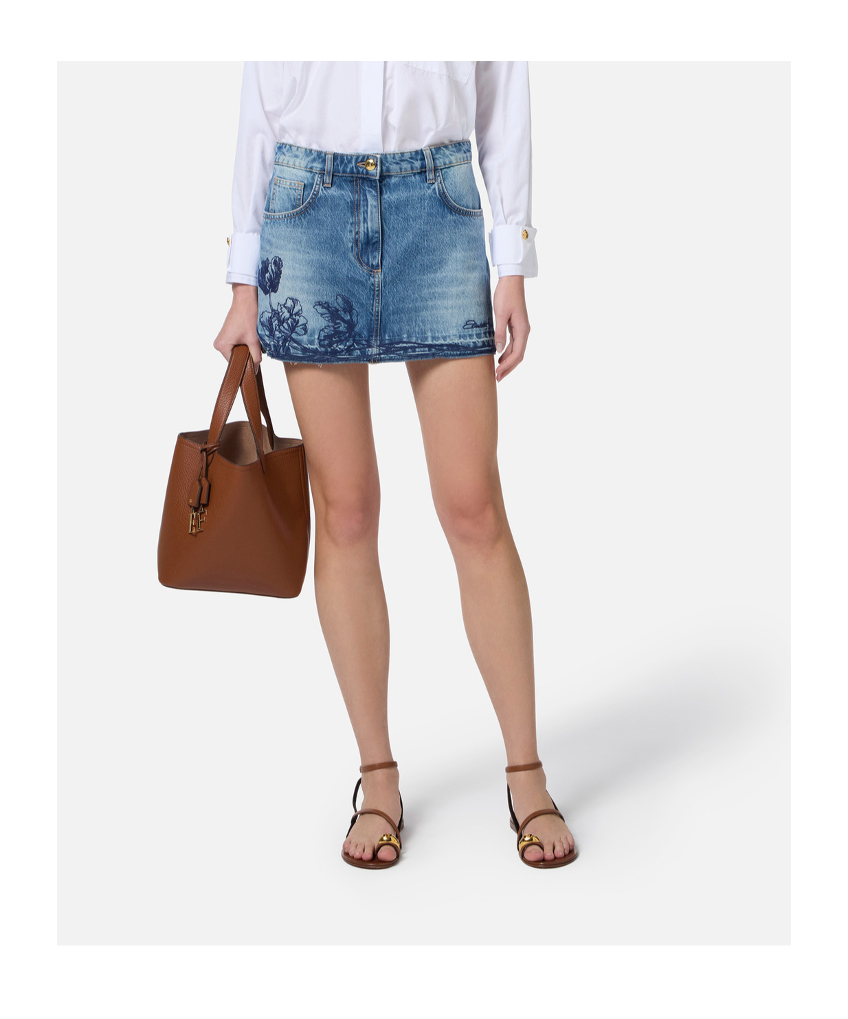Elisabetta Franchi Denim Miniskirt With Floral Embroidery In Light Denim