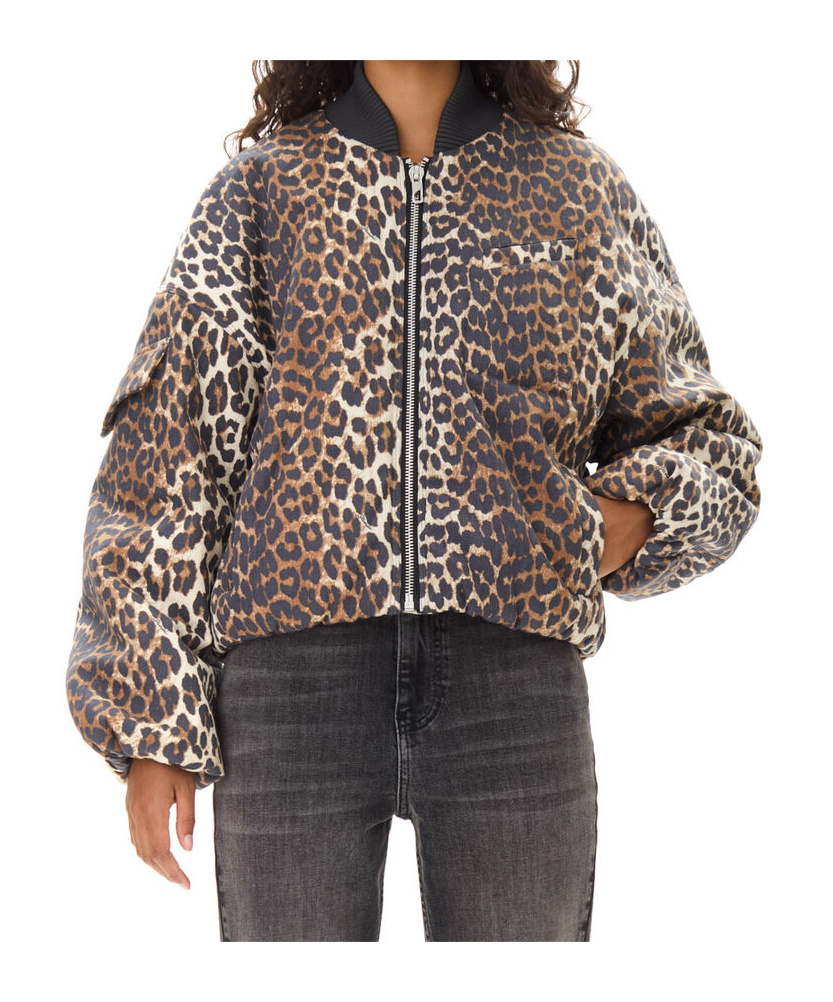 Ganni Printed Canvas Bomber Jacket Leopard In Brown