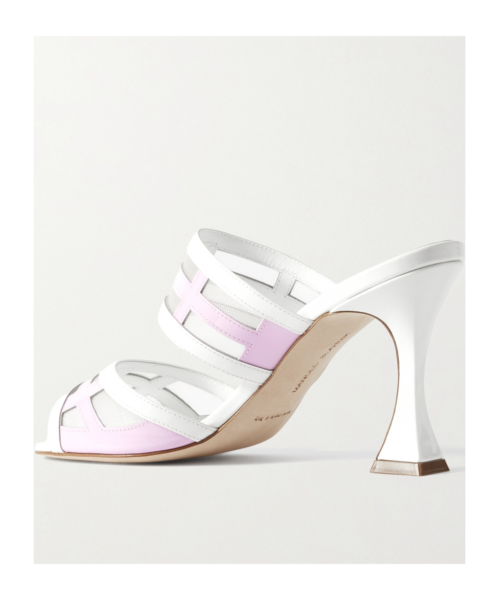 Manolo Blahnik Avespamu 90 Mesh-trimmed Two-tone Patent-leather Mules In White