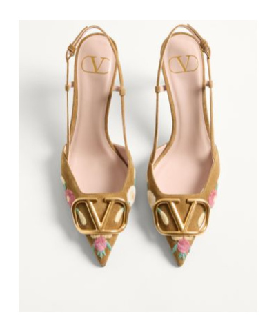 Valentino Garavani Vlogo Signature Slingback Pump In Crust Leather With Floral Embroidery 80mm Woman In Brown