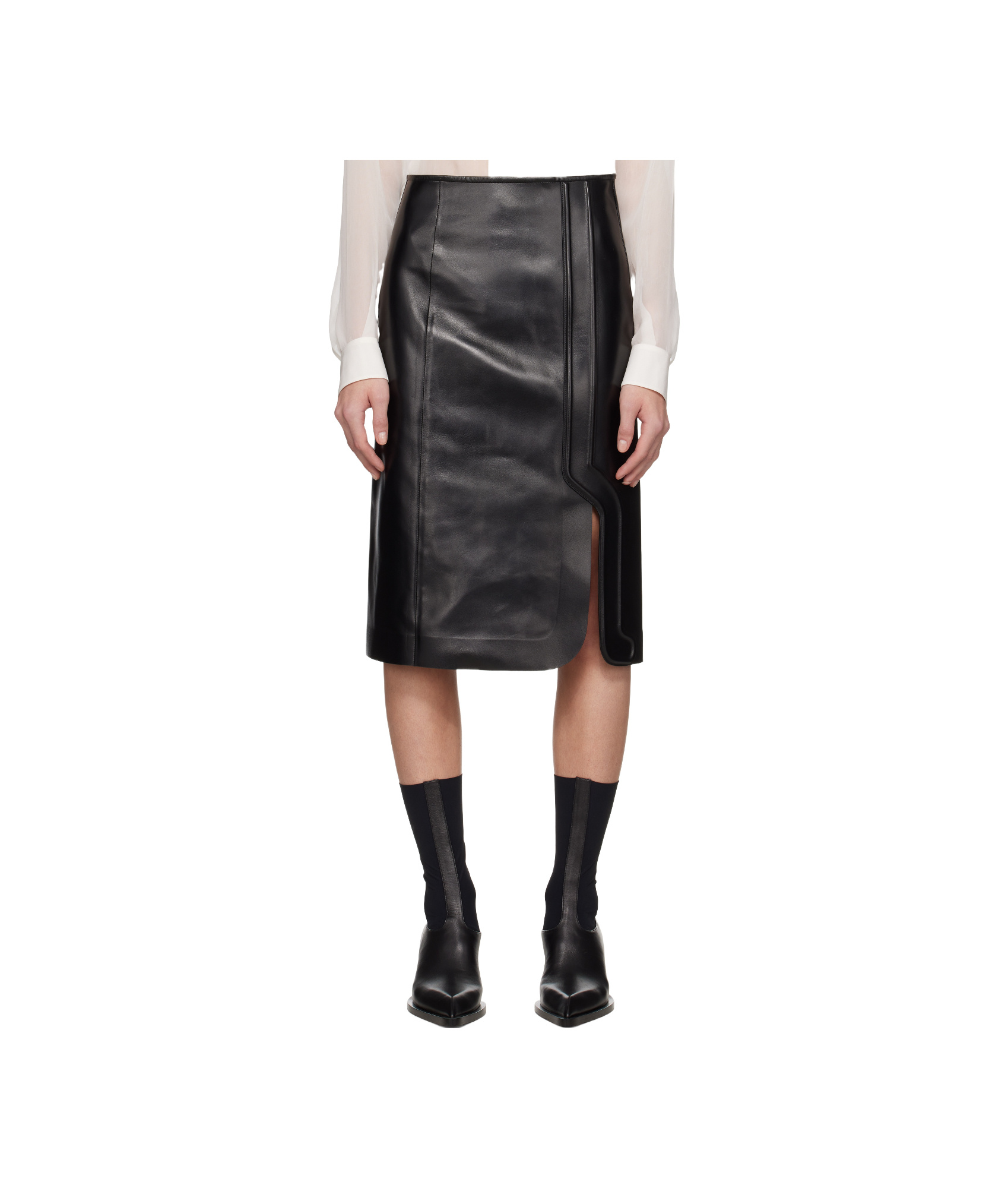 Jil Sander Black Grained Leather Midi Skirt