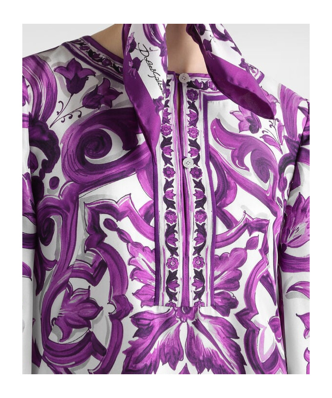 Dolce & Gabbana Majolica Silk Twill Long-sleeve Mini Shift Dress In Purple