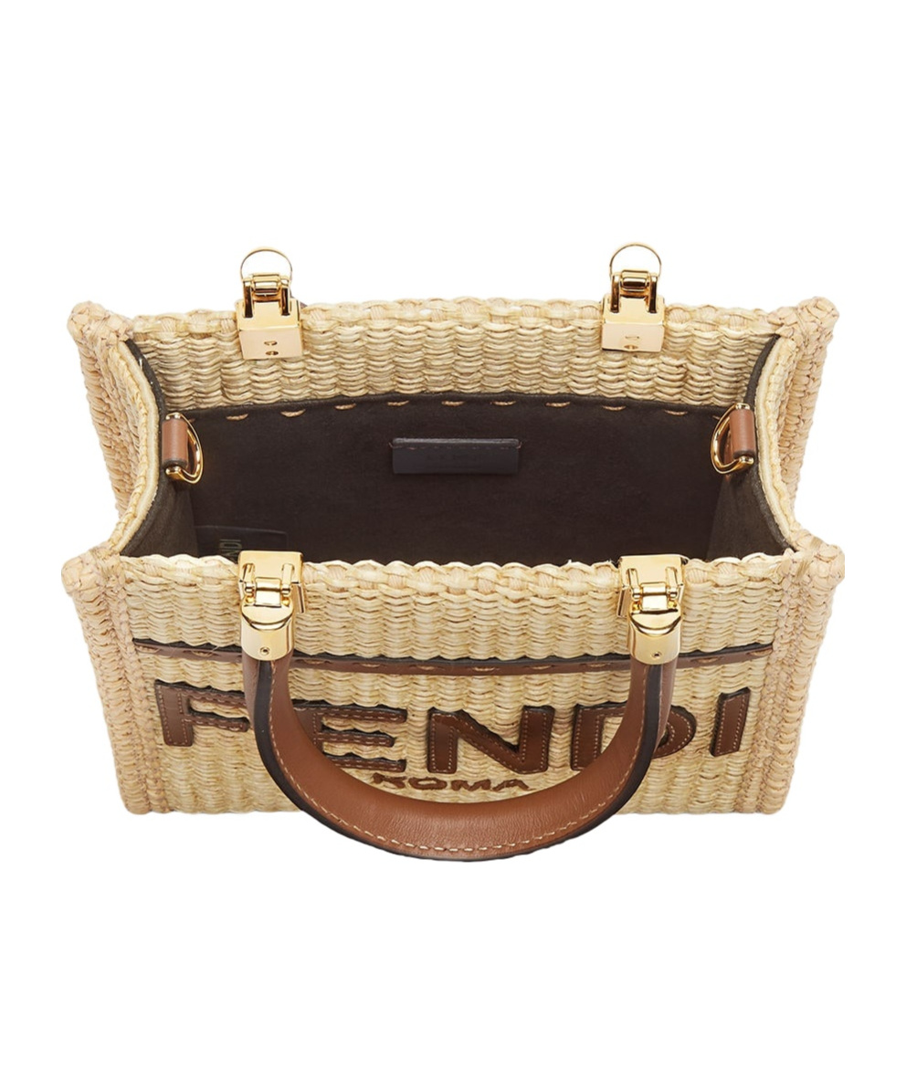Fendi Mini Sunshine Straw Tote Bag In Nude