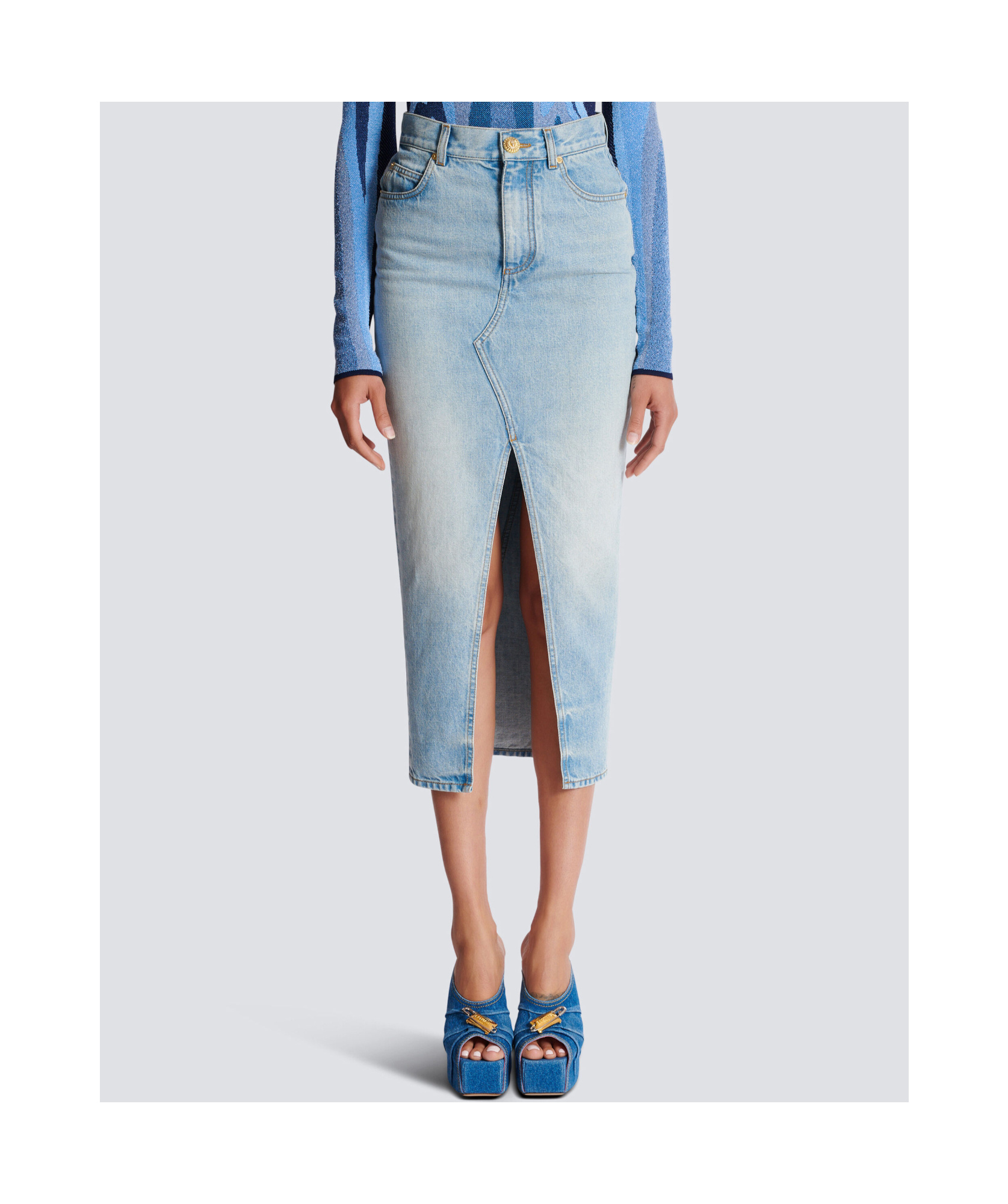 Balmain Midi Denim Skirt With Slit In Gray