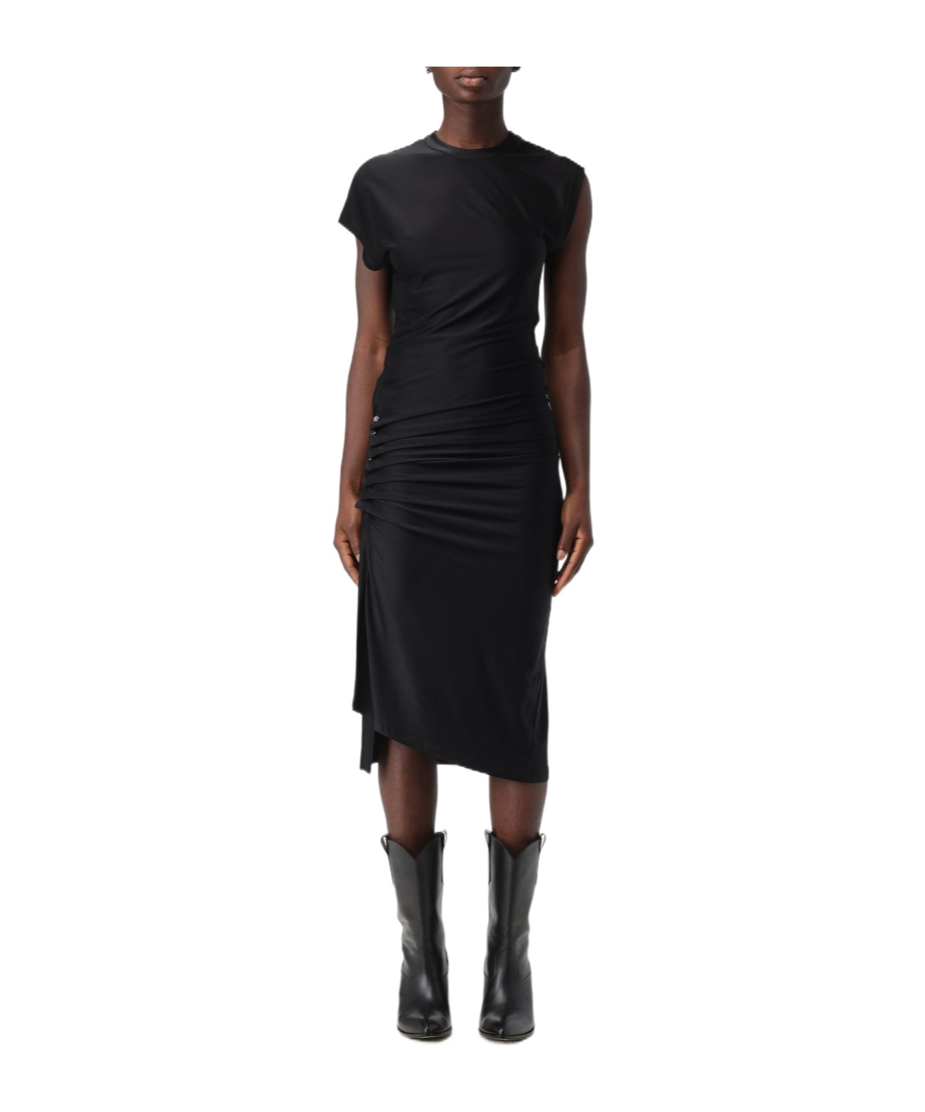 Rabanne Black Dress With Silver-tone Buttons And Draped Detail In Black