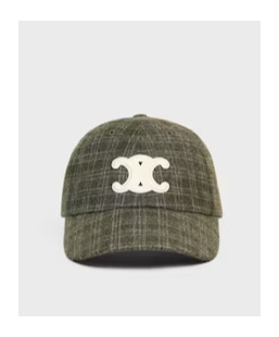 Celine Triomphe Baseball Cap In Checked Wool Felt In Green