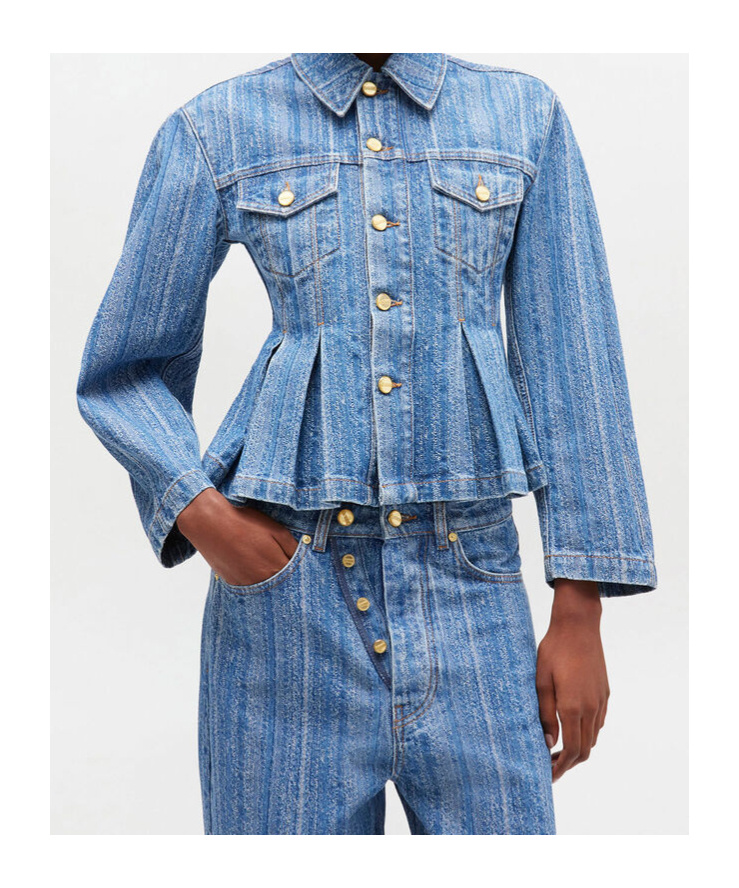 Ganni Striped Denim Pleated Jacket In Blue