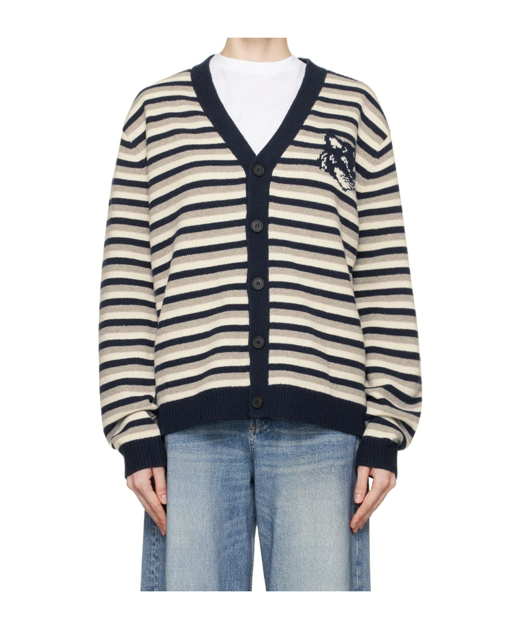 MAISON KITSUNÉ FOX HEAD INTARSIA STRIPED CARDIGAN