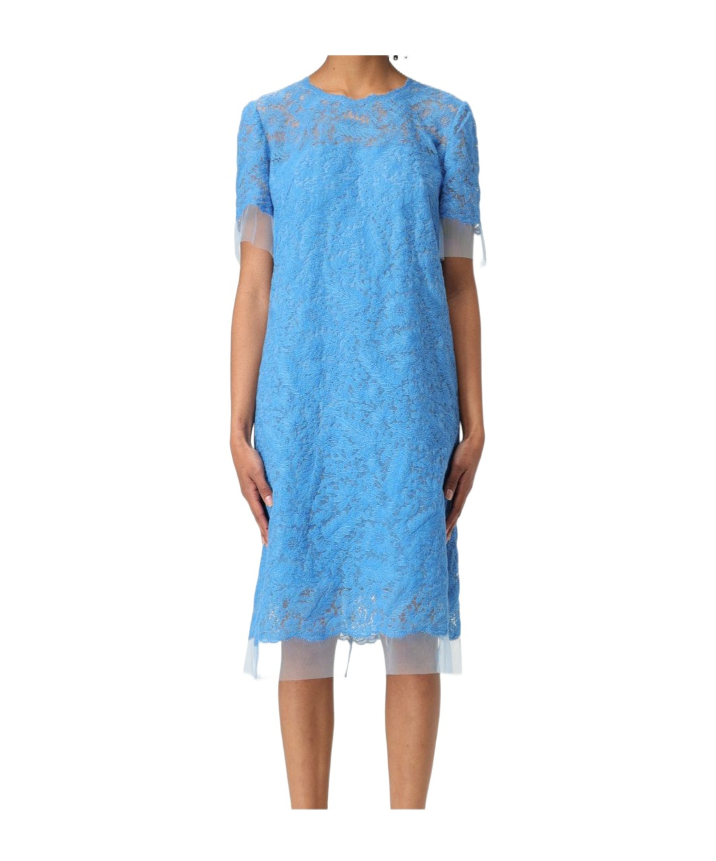 Ermanno Scervino Intricate All-over Lace Midi Dress With Short Sleeves In Blue