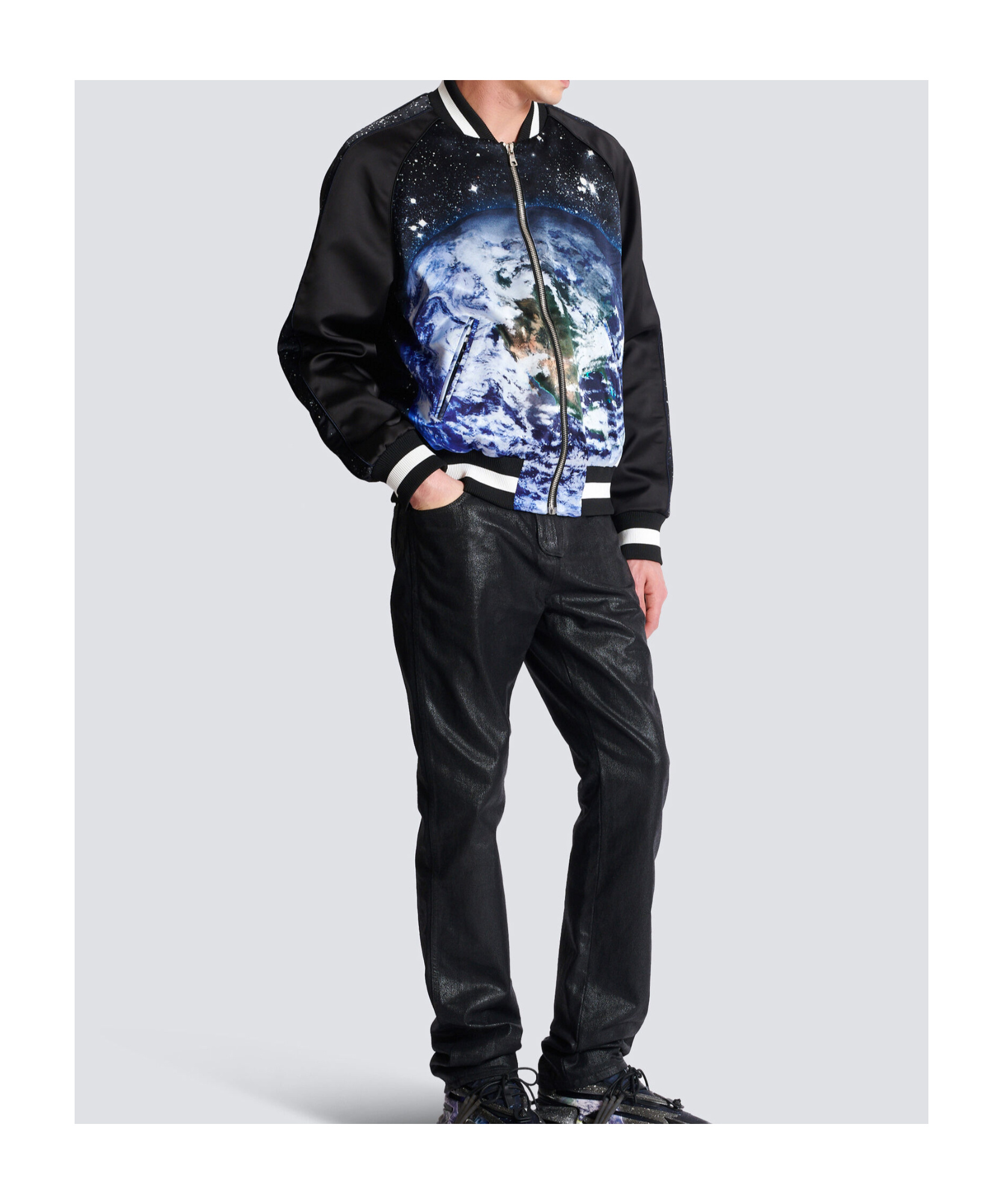 Balmain Logo Planet Zip-up Bomber Jacket In Black