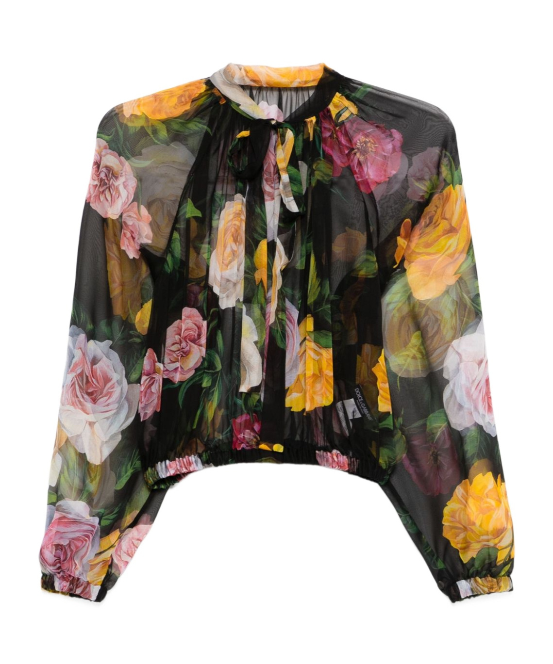 Dolce & Gabbana Rose Tie-neck Chiffon Cropped Blouse In Black