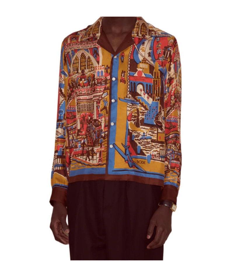 Bode Manhattan Island Long Sleeve Shirt In Brown