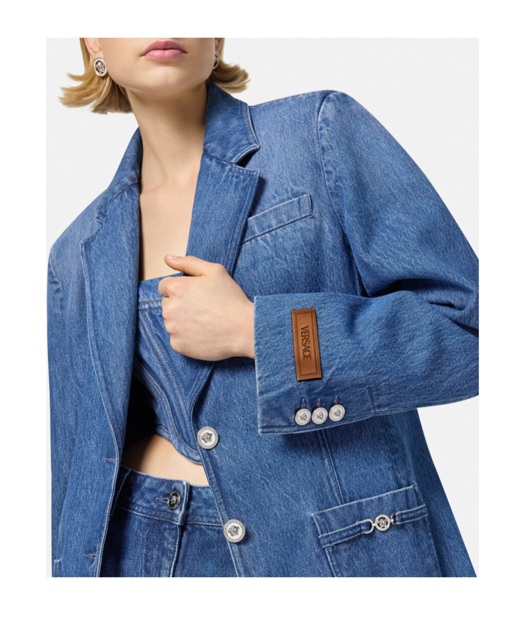 Shop Versace Denim Suit Coat In Blue