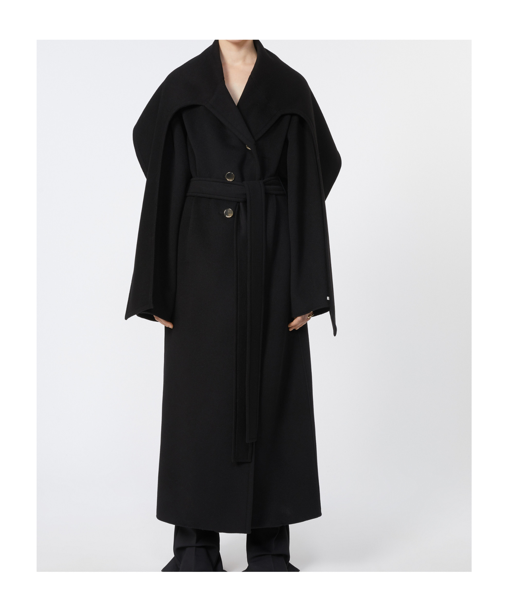 Sportmax Wool Coat With Belted Waist And Oversized Sleeves In Black