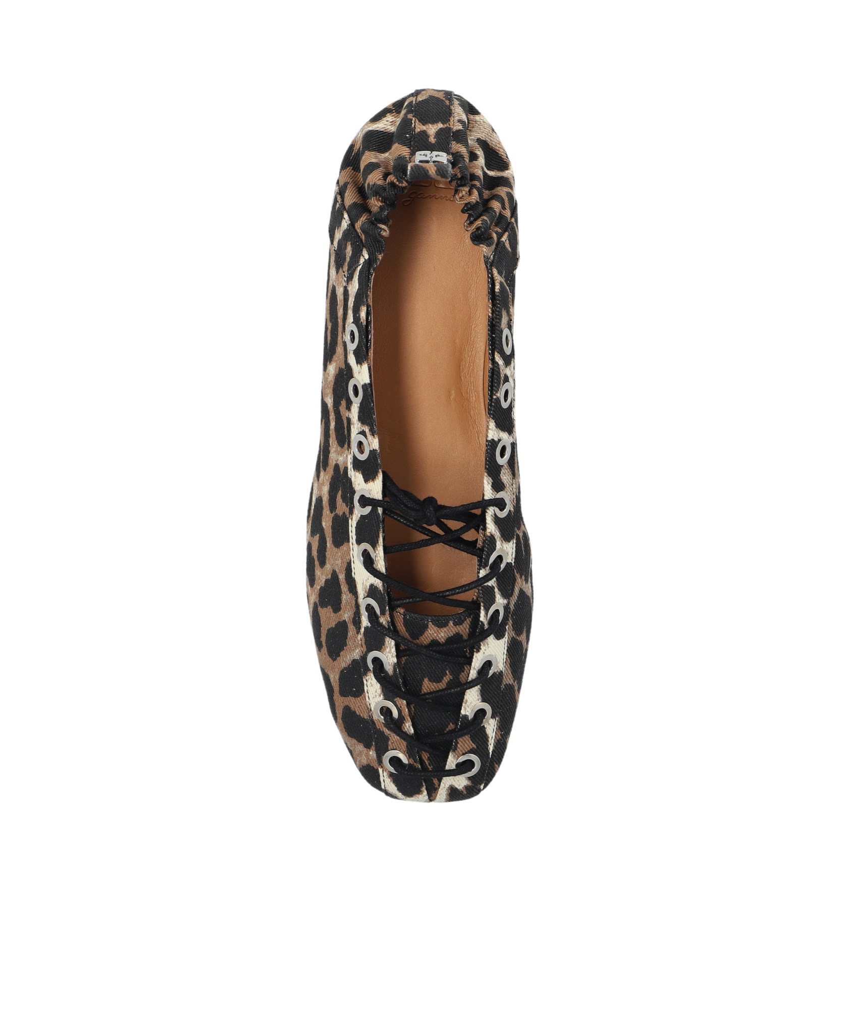 Ganni Brown Lace-up Ballerinas With Metal Eyelets And All-over Print In Fabric Woman In Black