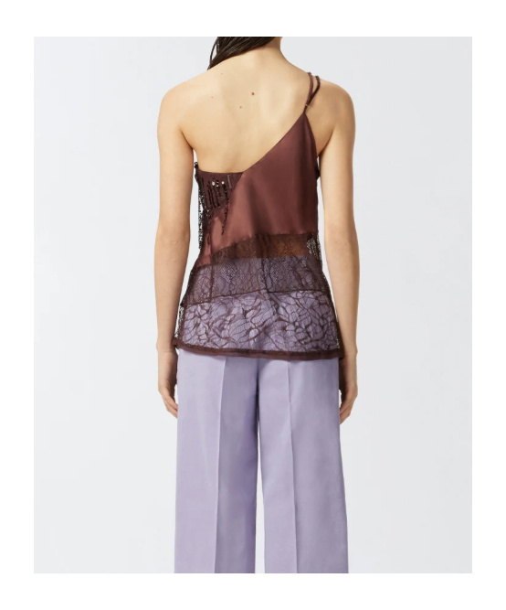 Pinko One-shoulder Satin Top With Lace And Sequins In Brown
