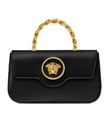 Versace La Medusa Small Satin Top Handle Bag In Black