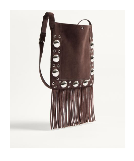 Valentino Fringed Eyelet-embellished Suede Shoulder Bag In Brown
