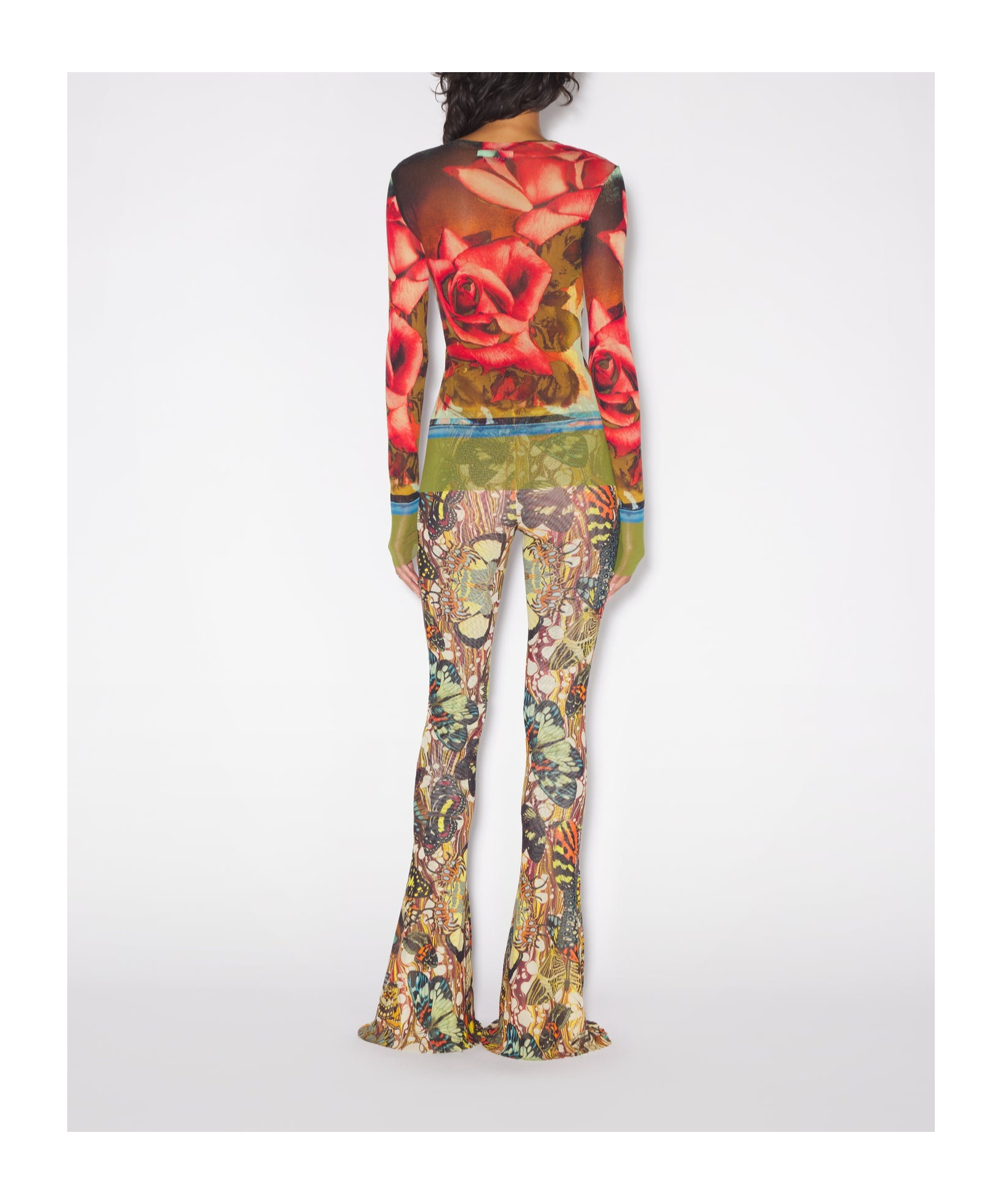 Jean Paul Gaultier Roses Print Mesh Long Sleeve Top In Brown