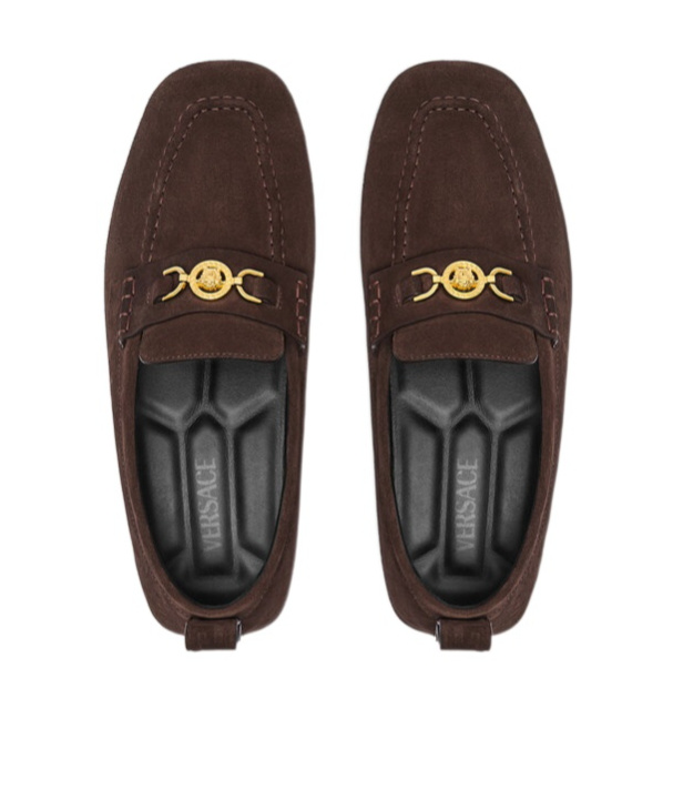 Versace Men's Medusa Coin Suede Driver Loafers In Black