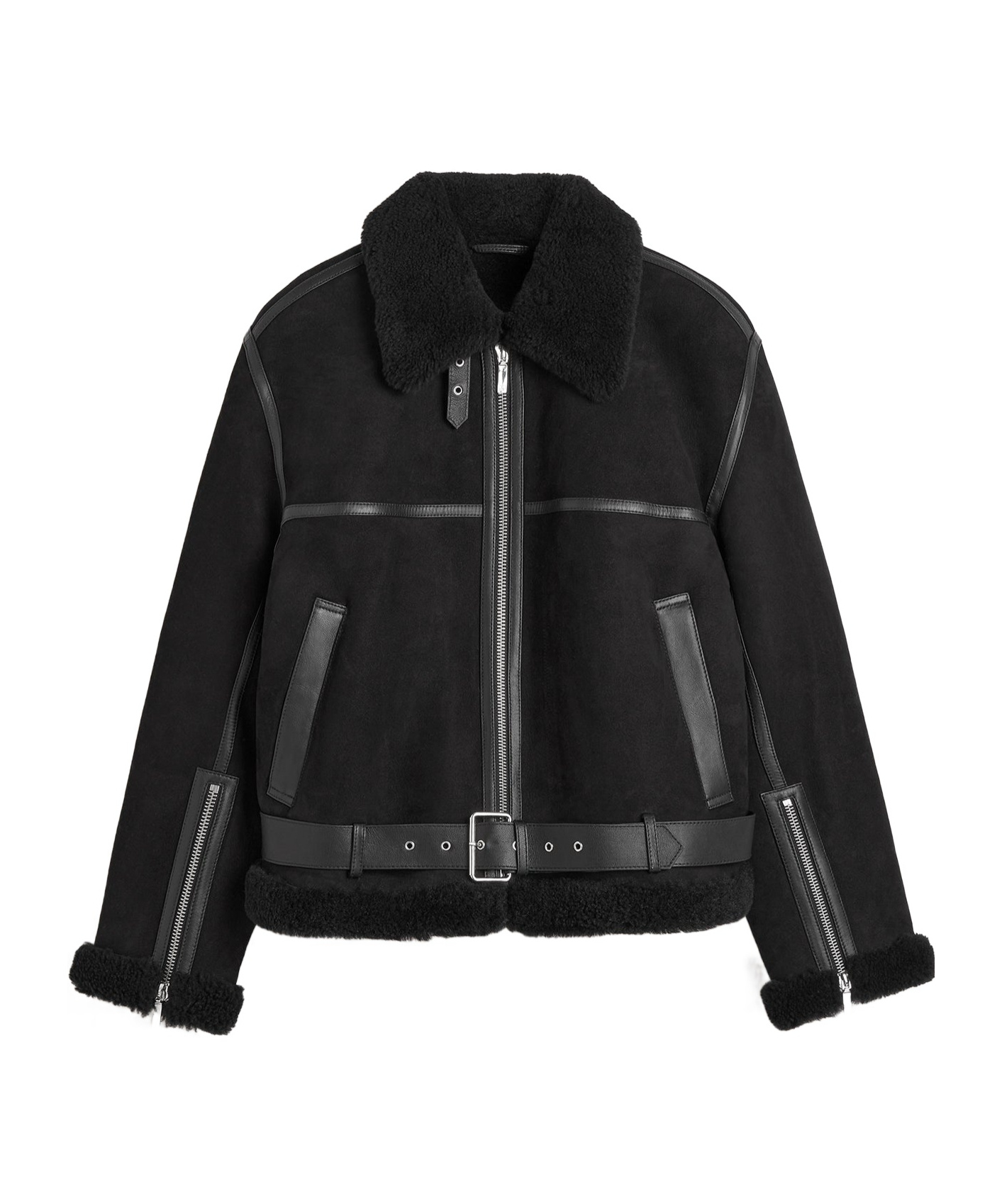 Totême Shearling-trim Zip-up Suede Jacket In Black