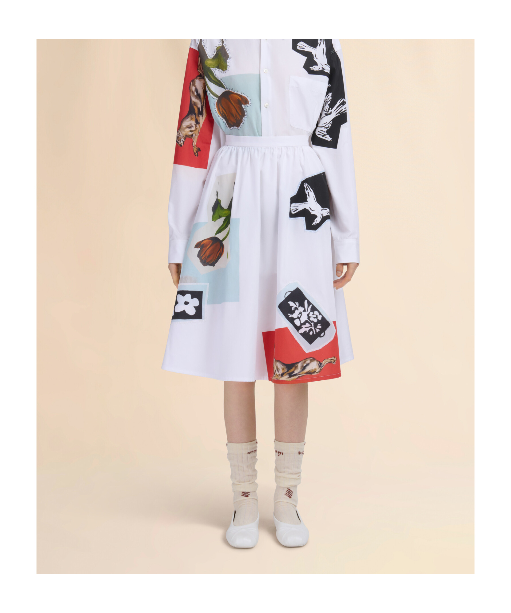 Marni Womens 00w01 Abstract-print High-rise Cotton-poplin Midi Skirt In White