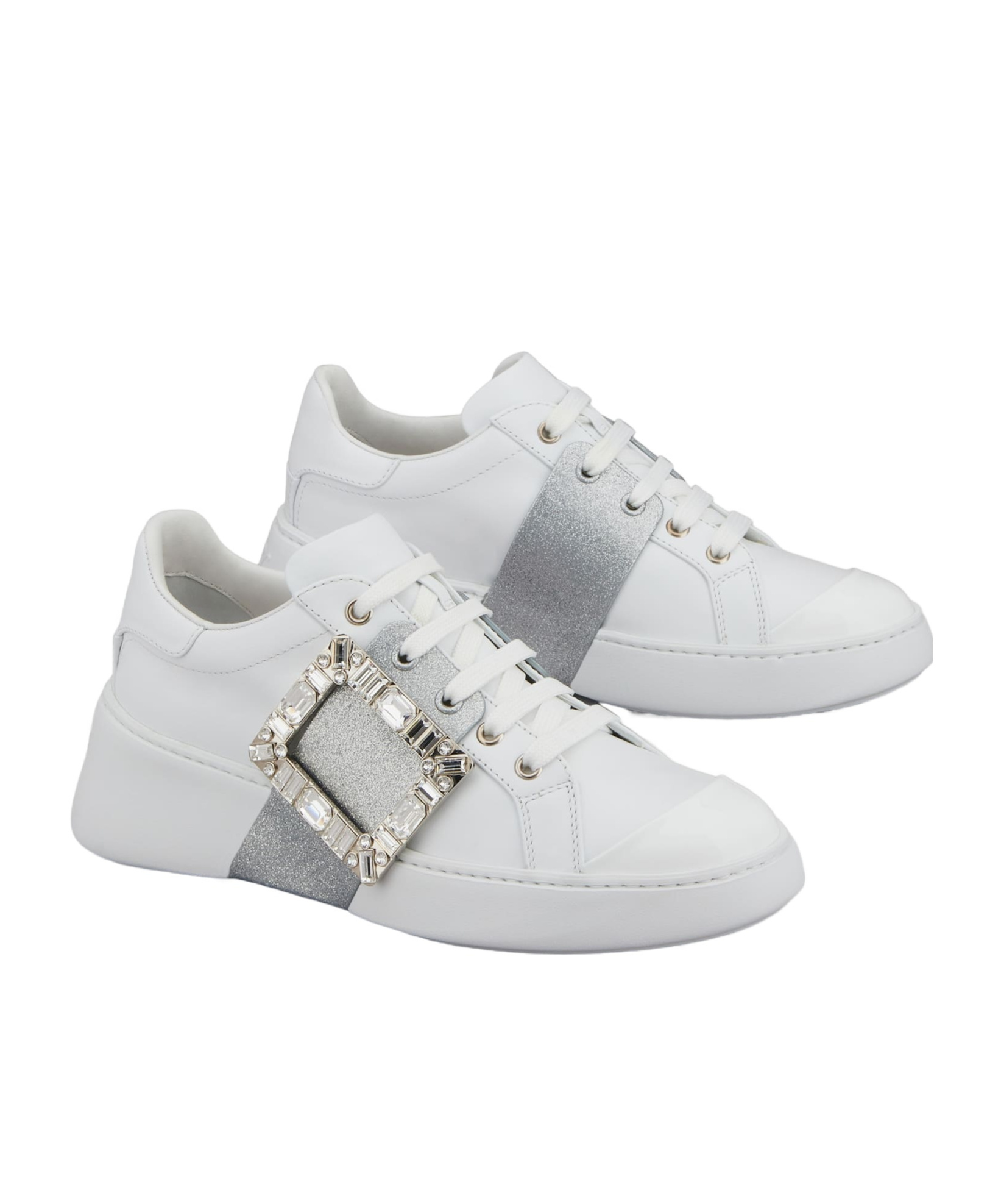 Roger Vivier White Viv Skate Sneakers With Rhinestone Buckles In White
