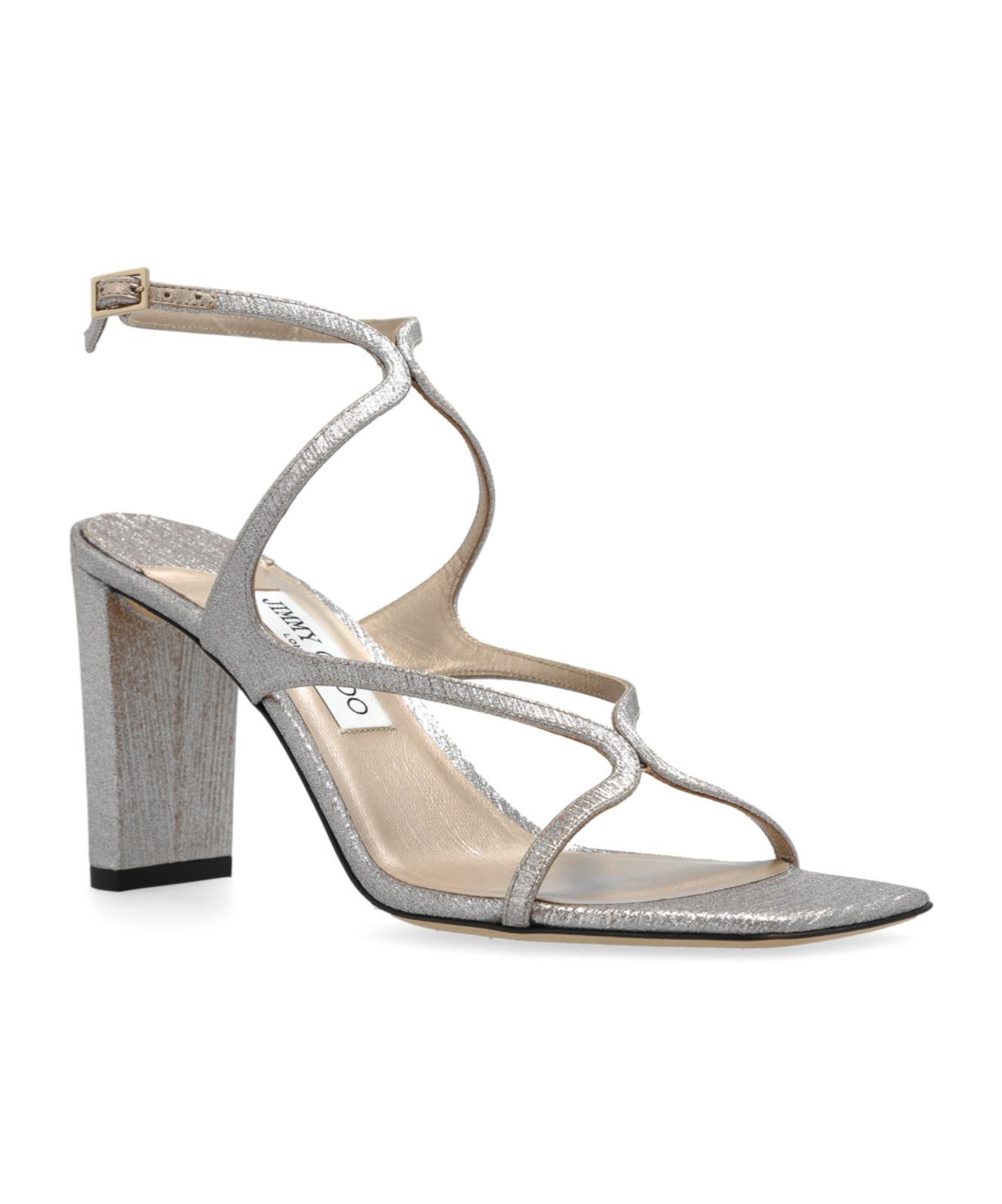 Jimmy Choo 'azie' Metallic Sandals With High Stacked Heel And Criss-cross Strap In Gray